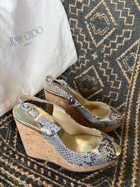 Jimmy Choo Snake-Print Cork Wedge Slingbacks in Gray and Black